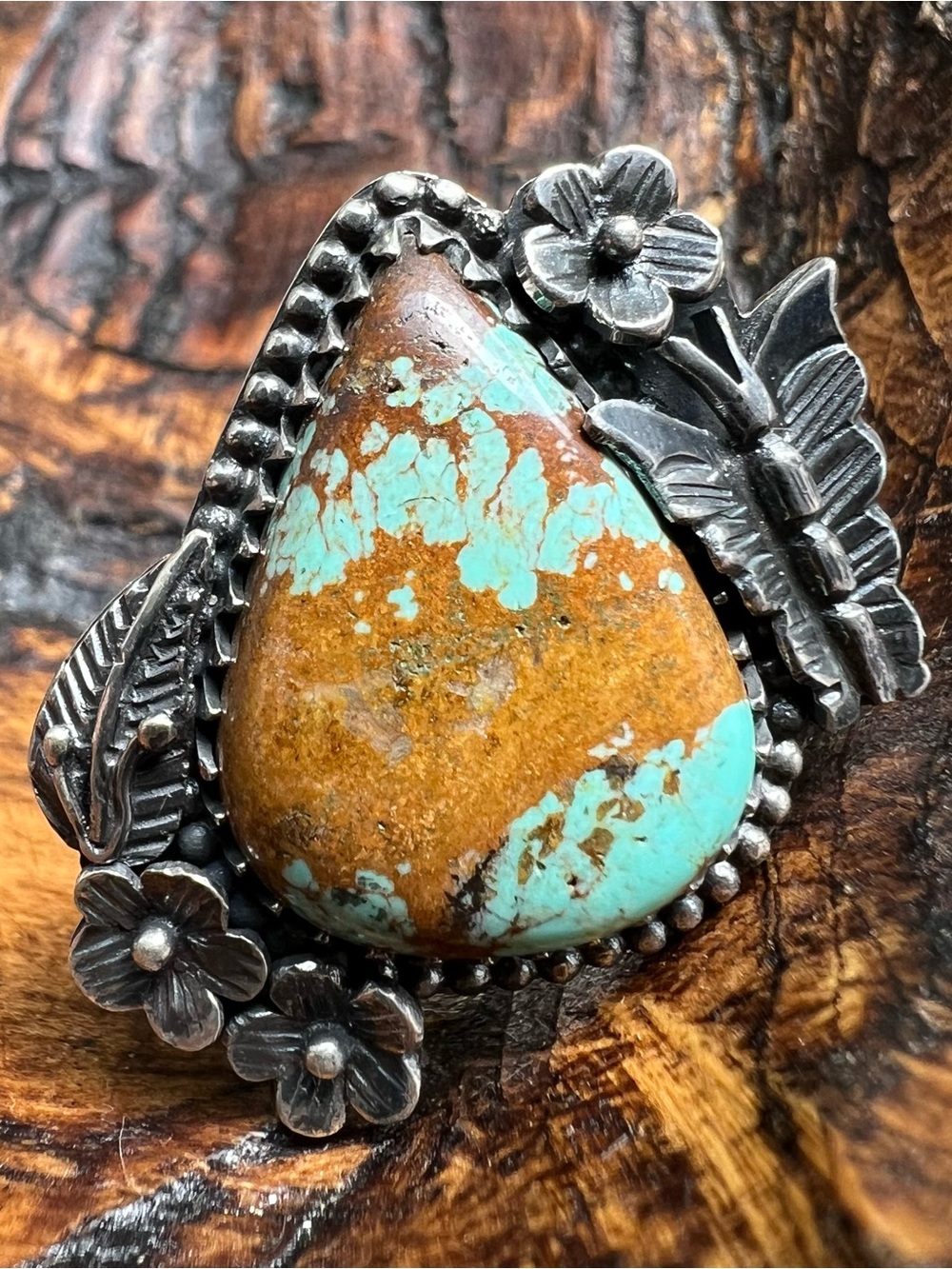 925 Sterling Silver Kingman Turquoise Floral Butterfly Statement Ring Sz 9